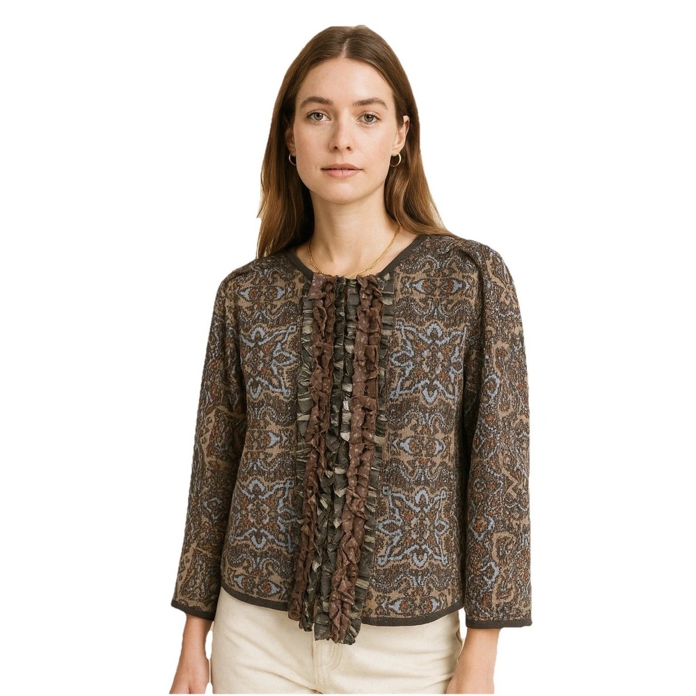 St John Paisley Ruffle Front Knit Crop Cardigan Old Money Luxury Victorian S